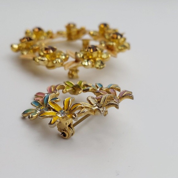 Floral Wreath Brooch Lot of 2 Enamel Rhinestone Round Flower Pins Multi Tone - Picture 5 of 7
